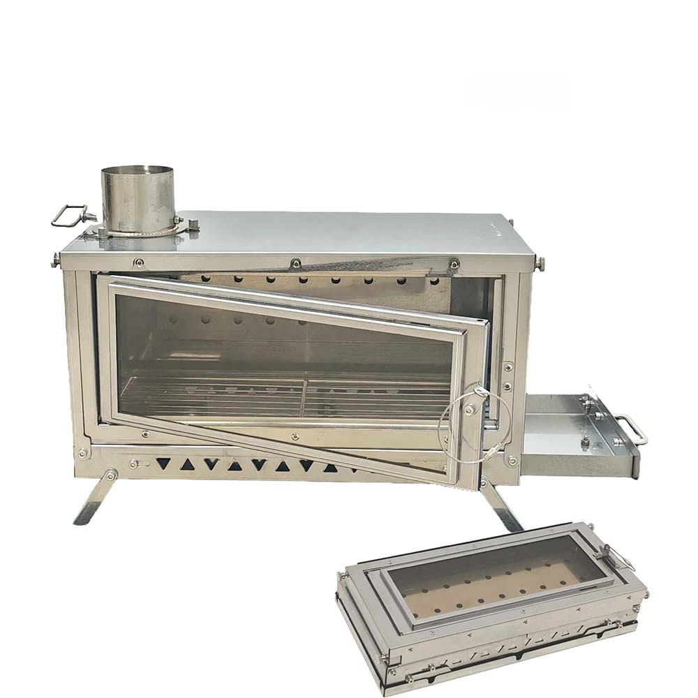 WT-Sky-430 Folding Hot Tent Stove – Single Glass View Compact folding stainless steel tent stove with single high-temp glass panel and air intake vent.