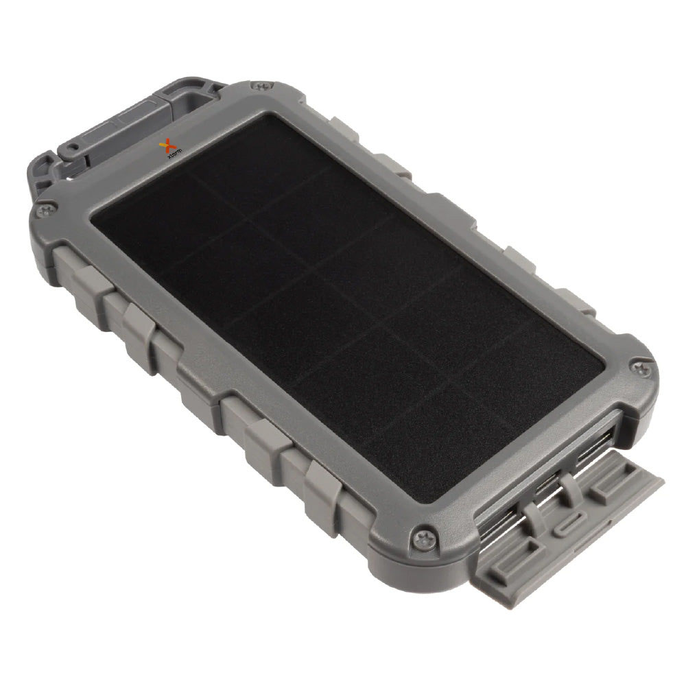 Xtorm Fuel Series 4 solar power bank with 10000mAh battery capacity, integrated solar panel and rugged outdoor design for camping, hiking, travel and emergency device charging on the go