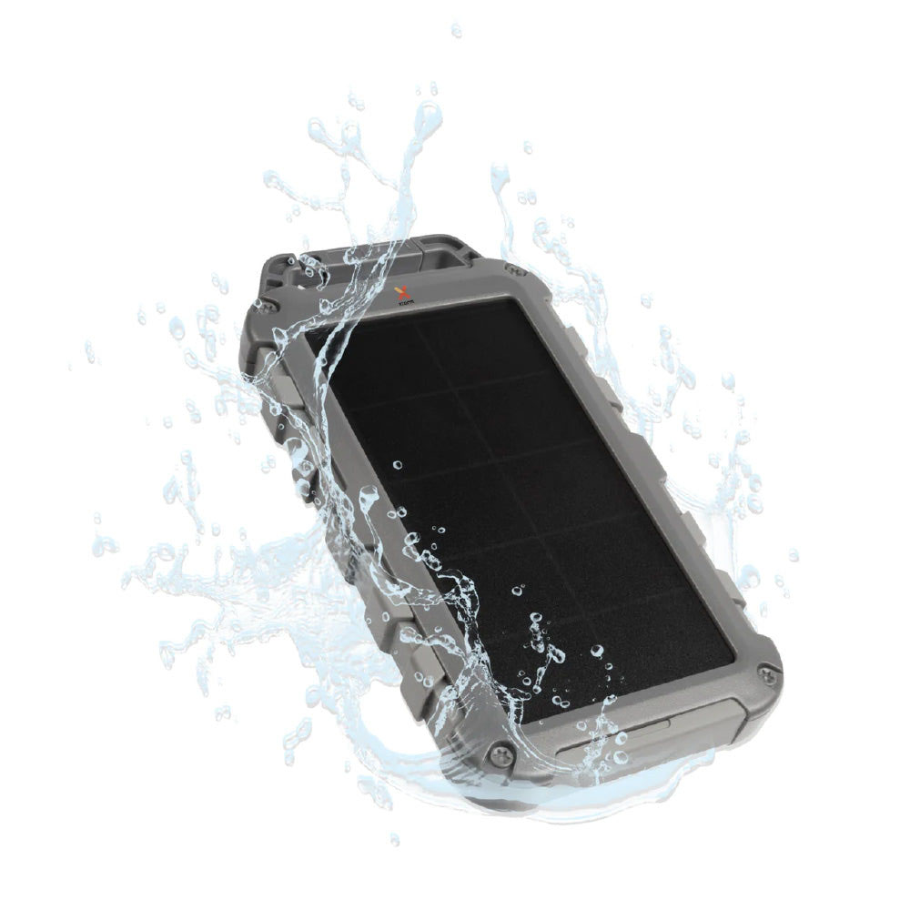 Xtorm Fuel Series 4 solar power bank with 10000mAh battery capacity, integrated solar panel and rugged outdoor design for camping, hiking, travel and emergency device charging on the go