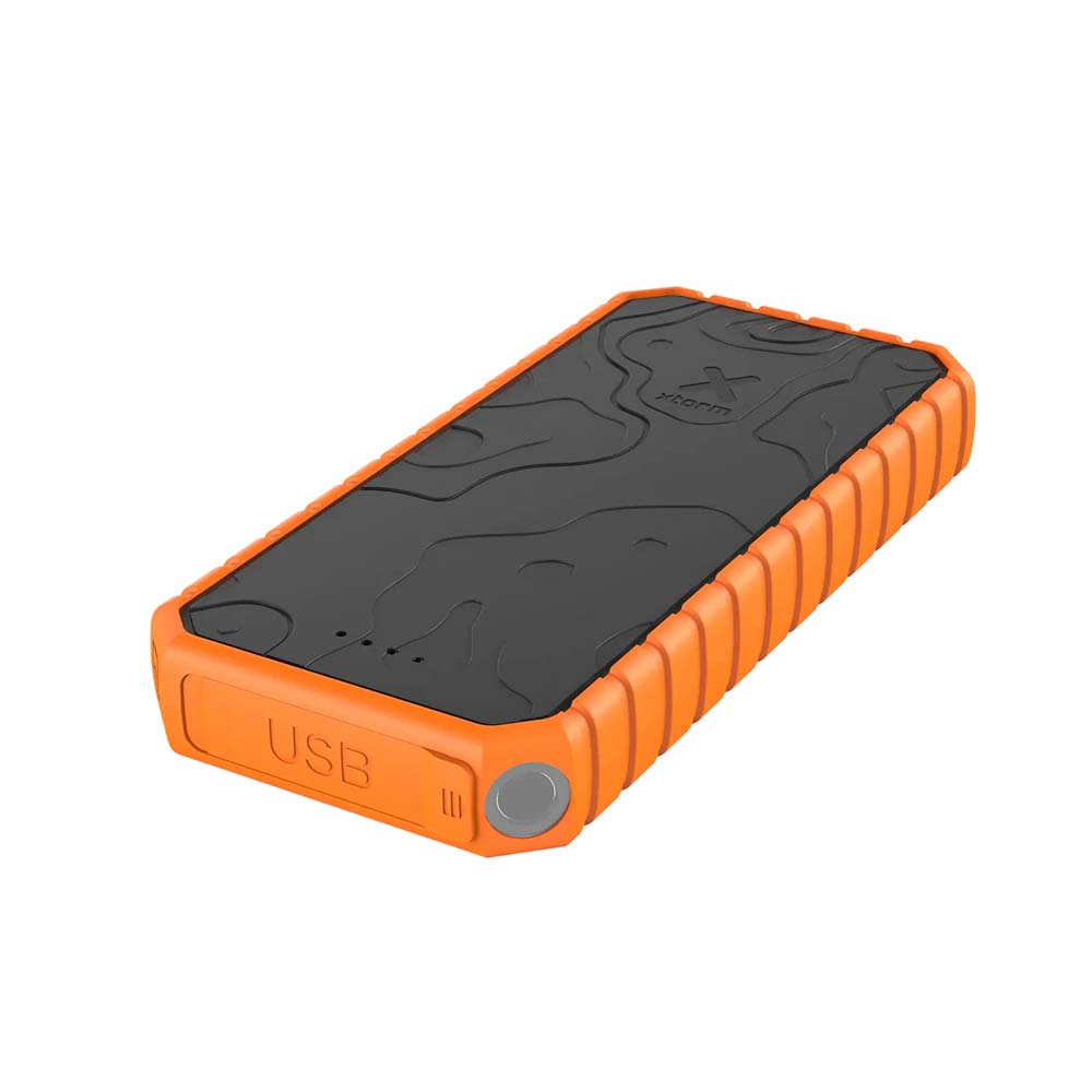 Xtorm Power Bank – USB End View USB end of Xtorm rugged power bank with textured surface and orange border.