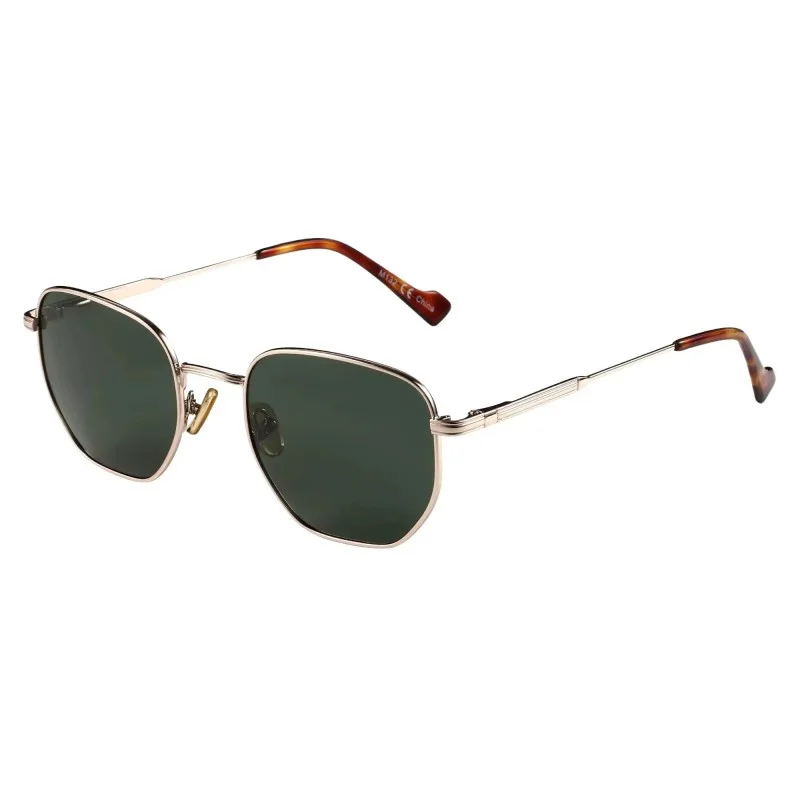 Retro hexagon sunglasses with a gold-tone metal frame and polarized green lenses, offering stylish UV protection for everyday wear and outdoor activities.