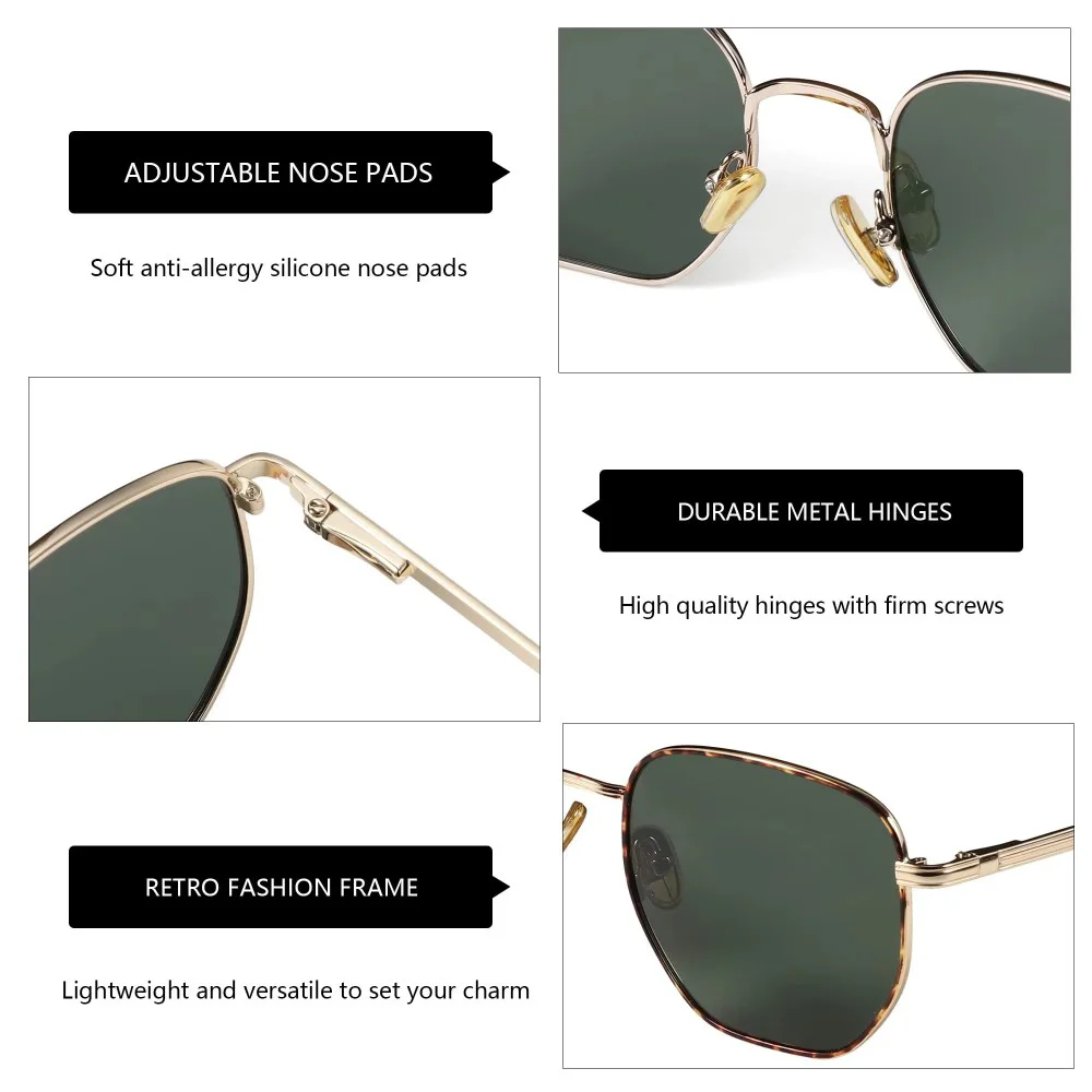 Zenottic Fashion Hexagon Polarized Retro Sunglasses Retro hexagon sunglasses with a gold-tone metal frame and polarized green lenses, offering stylish UV protection for everyday wear and outdoor activities.