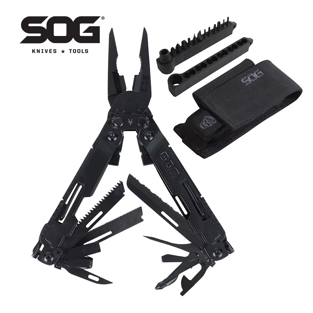 SOG PowerAccess Deluxe multitool open showing 21 tools with nylon sheath and 12-piece hex bit kit