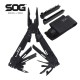 SOG PowerAccess Deluxe multitool open showing 21 tools with nylon sheath and 12-piece hex bit kit