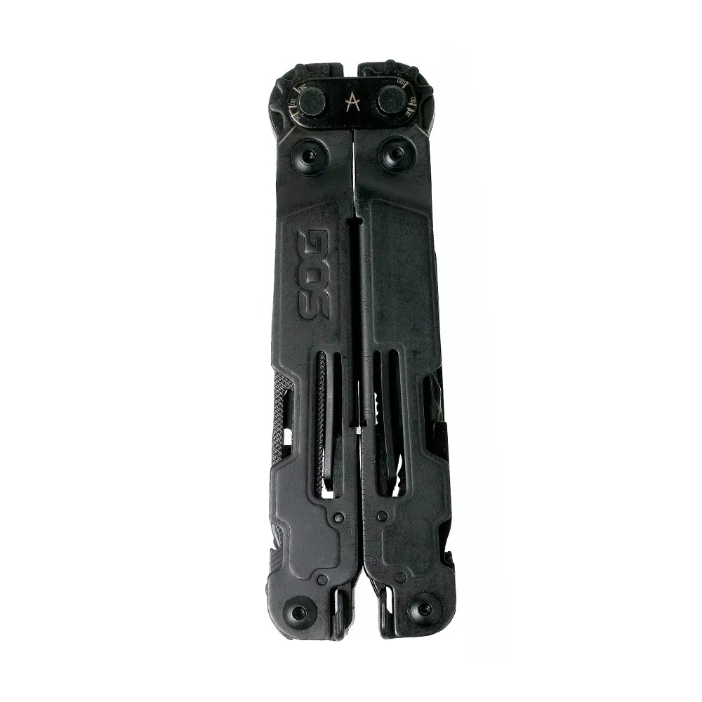 SOG PowerAccess Deluxe multitool open showing 21 tools with nylon sheath and 12-piece hex bit kit
