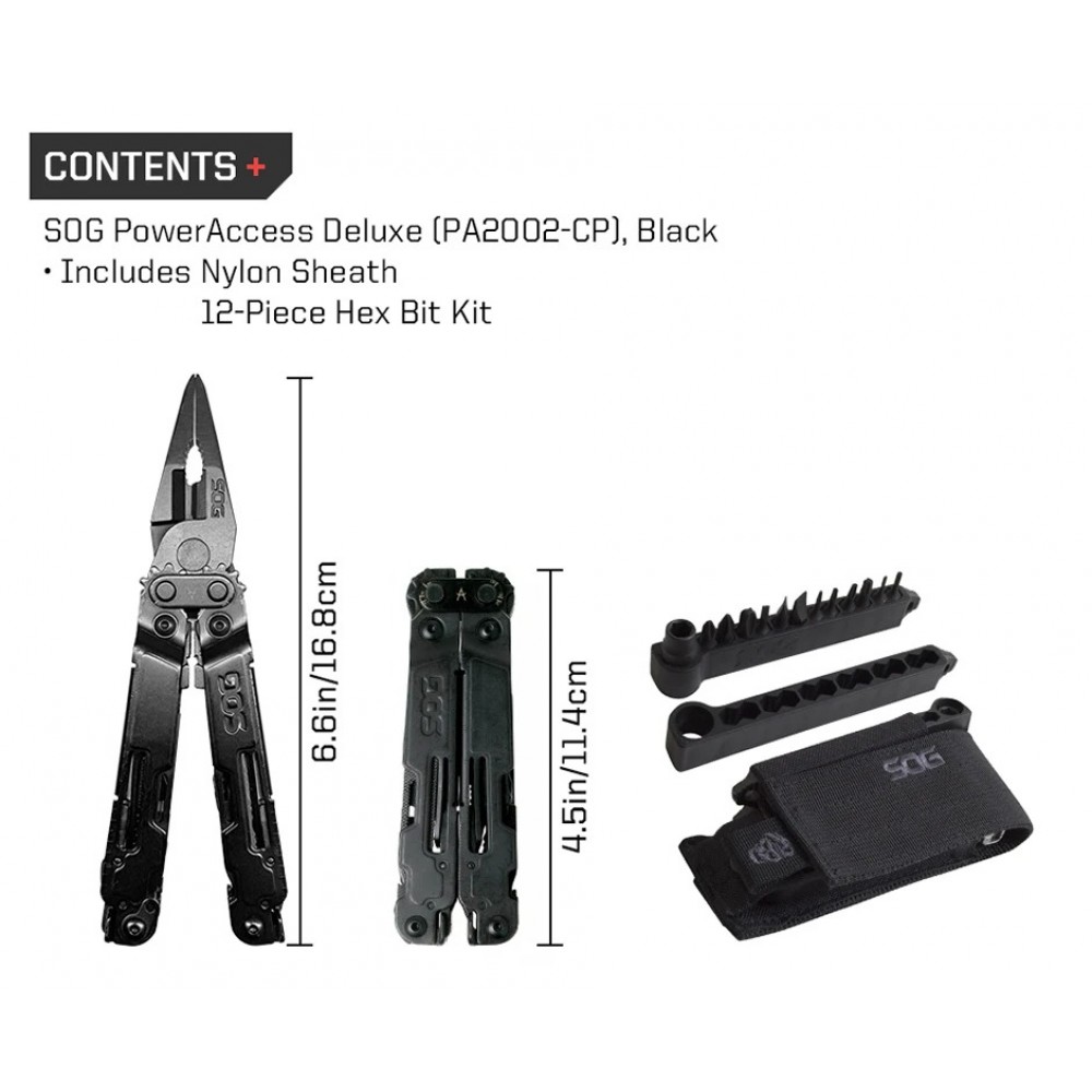 SOG PowerAccess Deluxe multitool with sheath, hex bit kit, and size dimensions labeled
