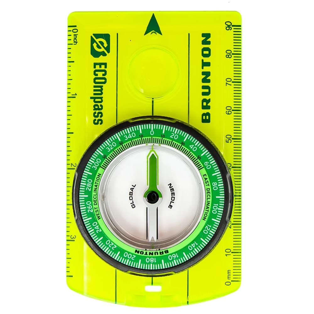 Top-down view of Brunton Recycled Scout ECOmpass with green rotating bezel and metric/imperial rulers