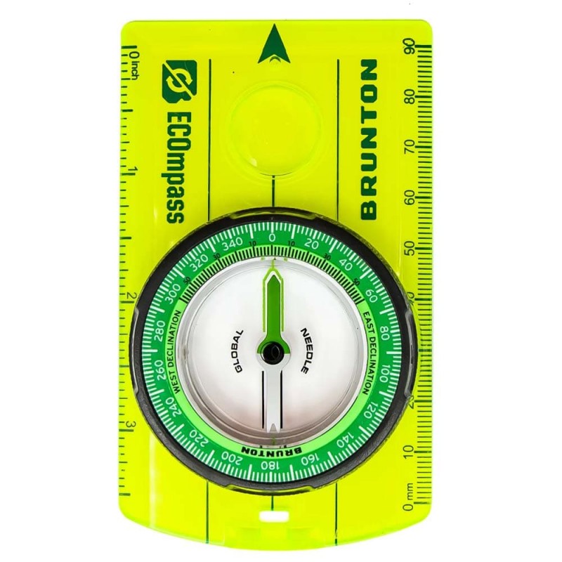 Top-down view of Brunton Recycled Scout ECOmpass with green rotating bezel and metric/imperial rulers
