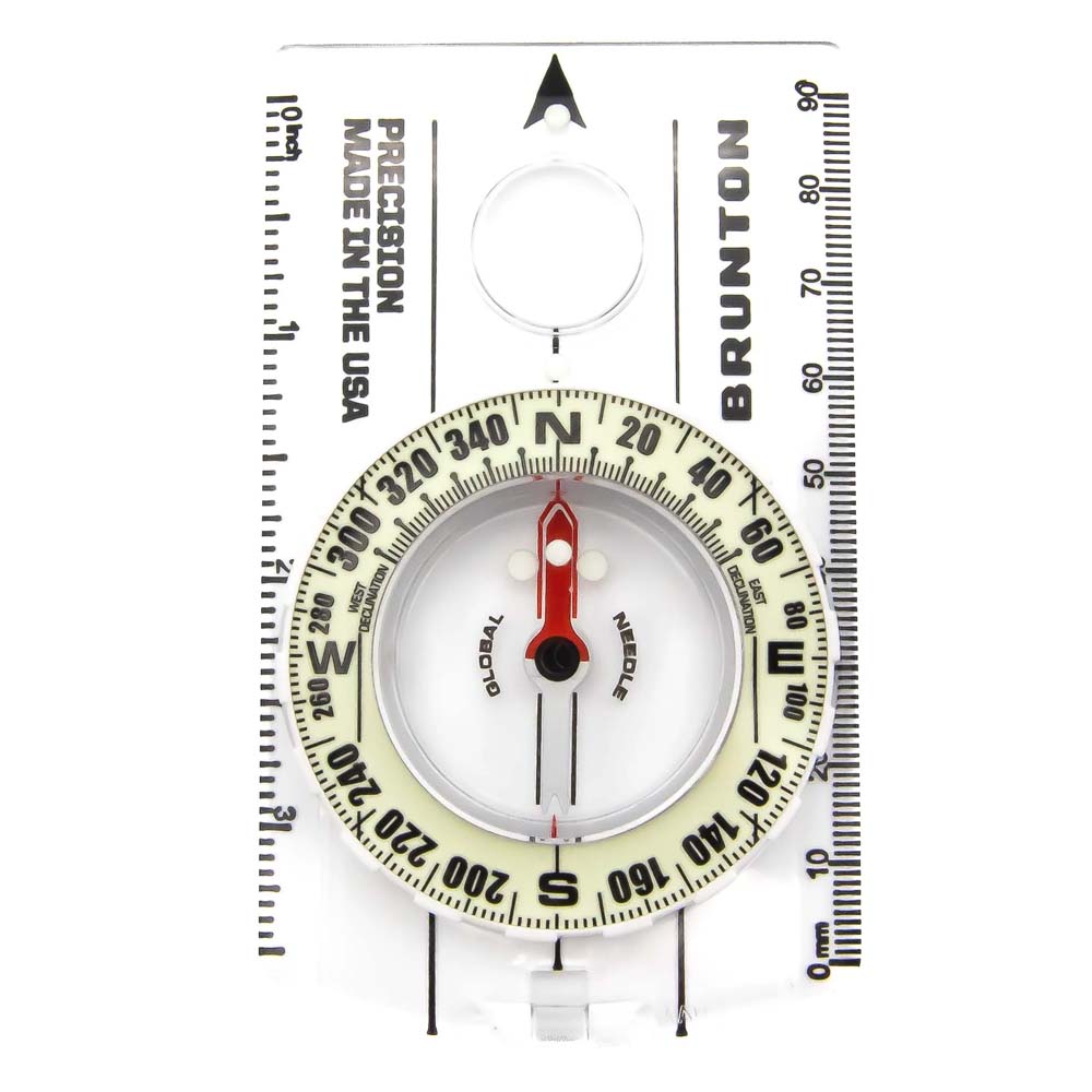 Top-down view of the Brunton Scout Glow Compass showing red needle and clear baseplate with rulers