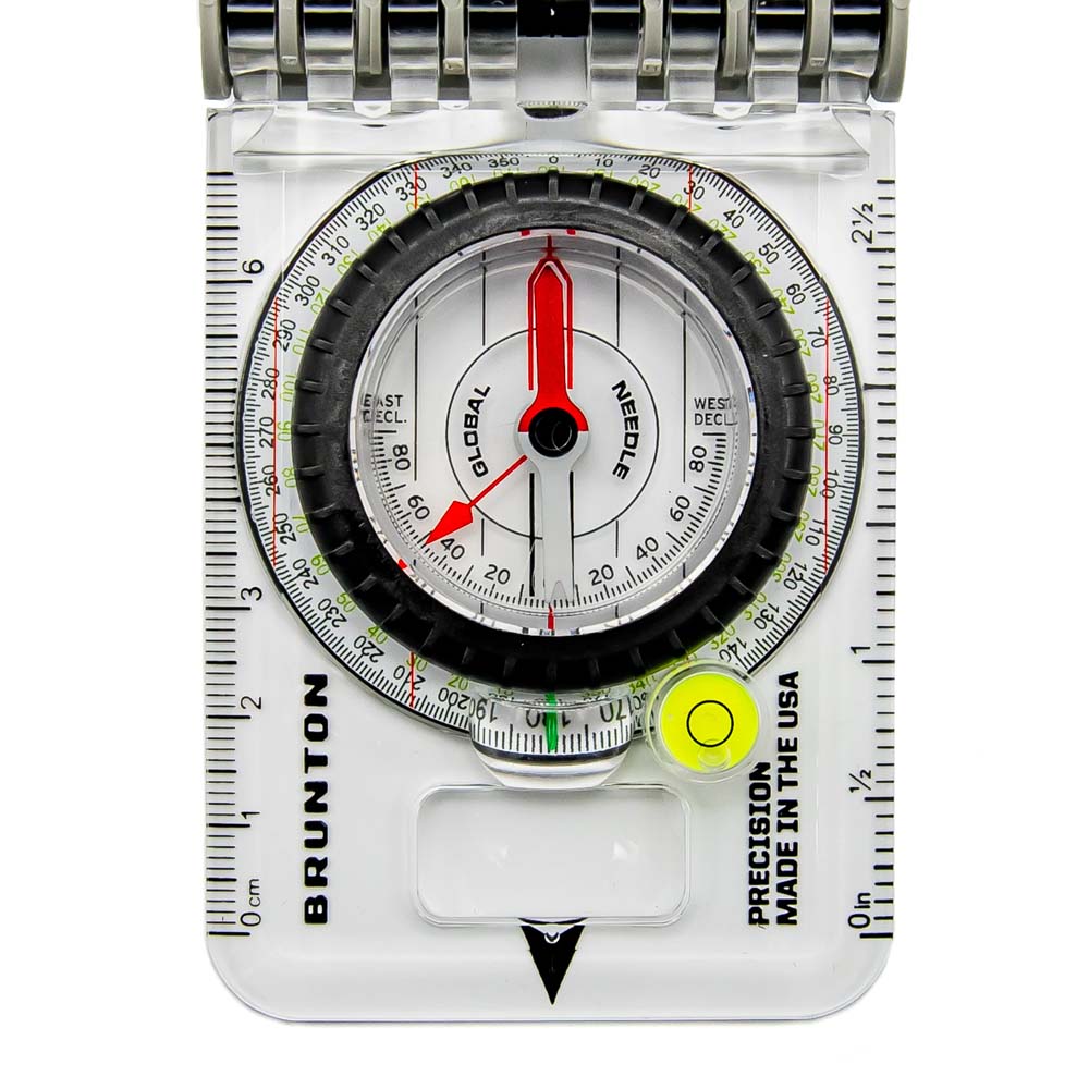 Brunton TruArc™ 20 Compass – Lid Open with Mirror Open Brunton TruArc™ 20 compass showing mirror sighting and compass dial with global needle.