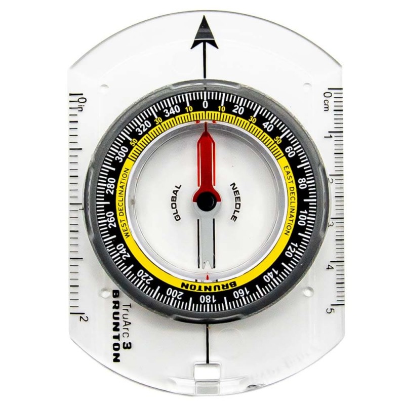 Top view of the Brunton TruArc 3 baseplate compass featuring a global needle and yellow east-west declination scale