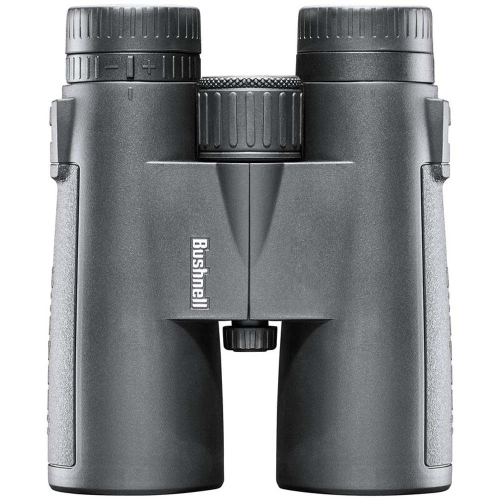 Bushnell 10x42 Binoculars Top View Top view of Bushnell All-Purpose 10x42 roof-prism binoculars with twist-up eyecups and focus wheel