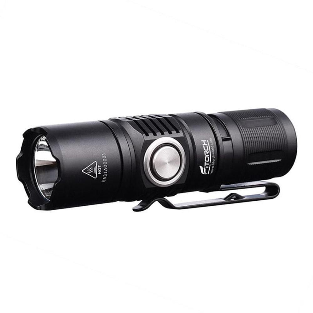 Compact Fitorch ER16 black flashlight with side button and clip, suitable for everyday carry