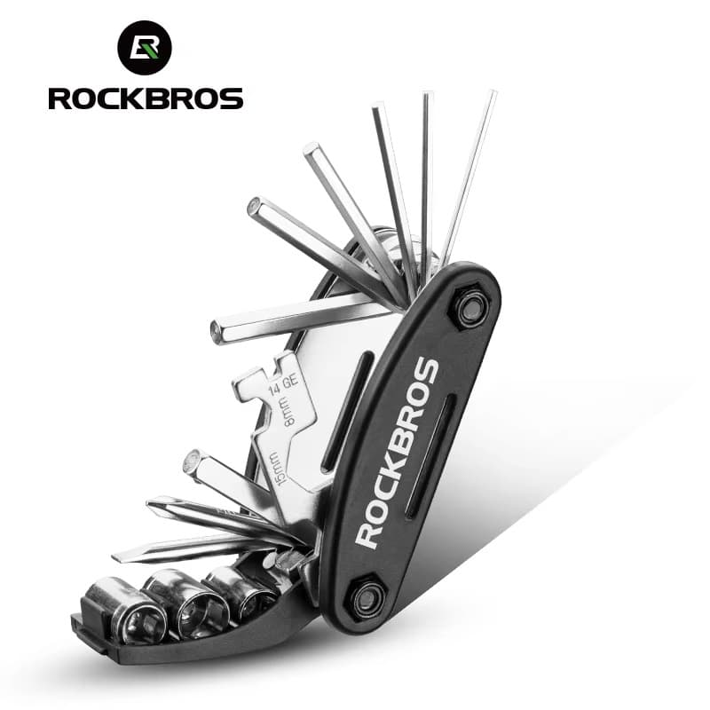 Compact ROCKBROS 16 in 1 bicycle multi tool with hex keys, wrenches, and chain tool for cycling repairs.