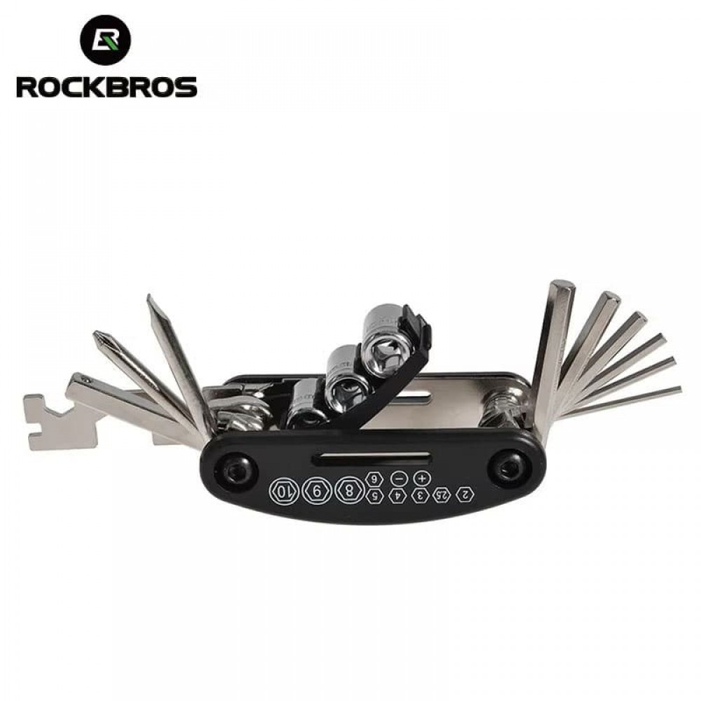 Durable 16-in-1 ROCKBROS bike repair tool showing multiple hex keys and sockets for on-the-go maintenance.