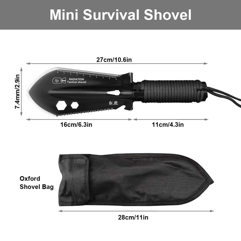 Mini Survival Shovel Dimensions and Carry Case Size chart and carrying case included with SOG multifunctional tactical shovel