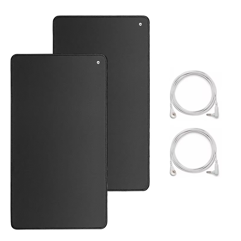 Two premium black grounding mats with two white 15-foot grounding cords for indoor earthing therapy
