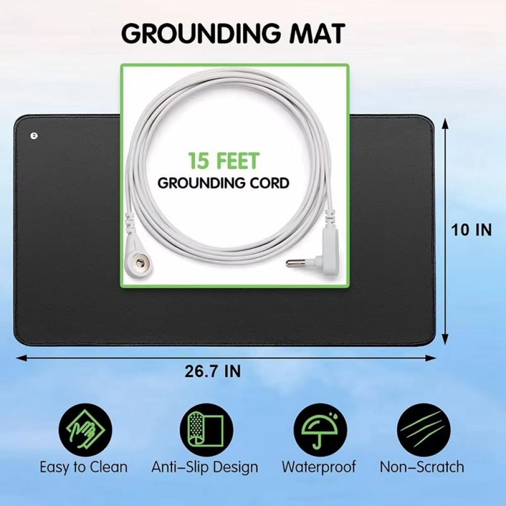 Grounding mat showing size 10 x 26.7 inches, 15-foot cord, and features like waterproof, anti-slip, and easy to clean design