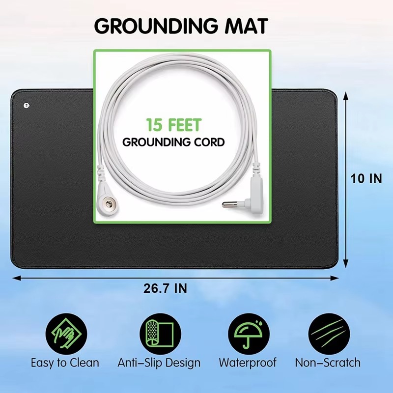 Two premium black grounding mats with two white 15-foot grounding cords for indoor earthing therapy