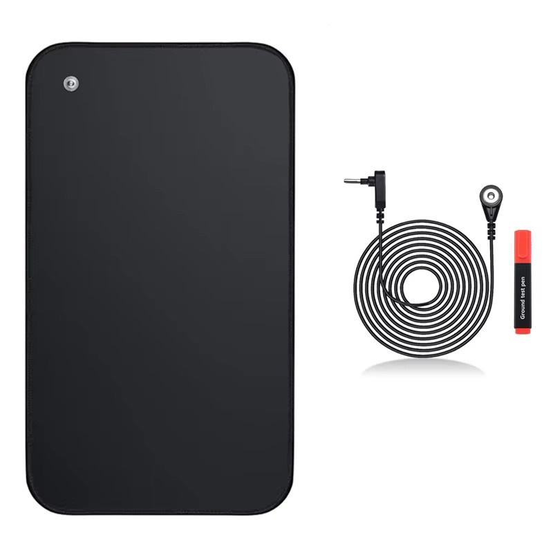 Black grounding mat with included earthing cable and conductivity test pen