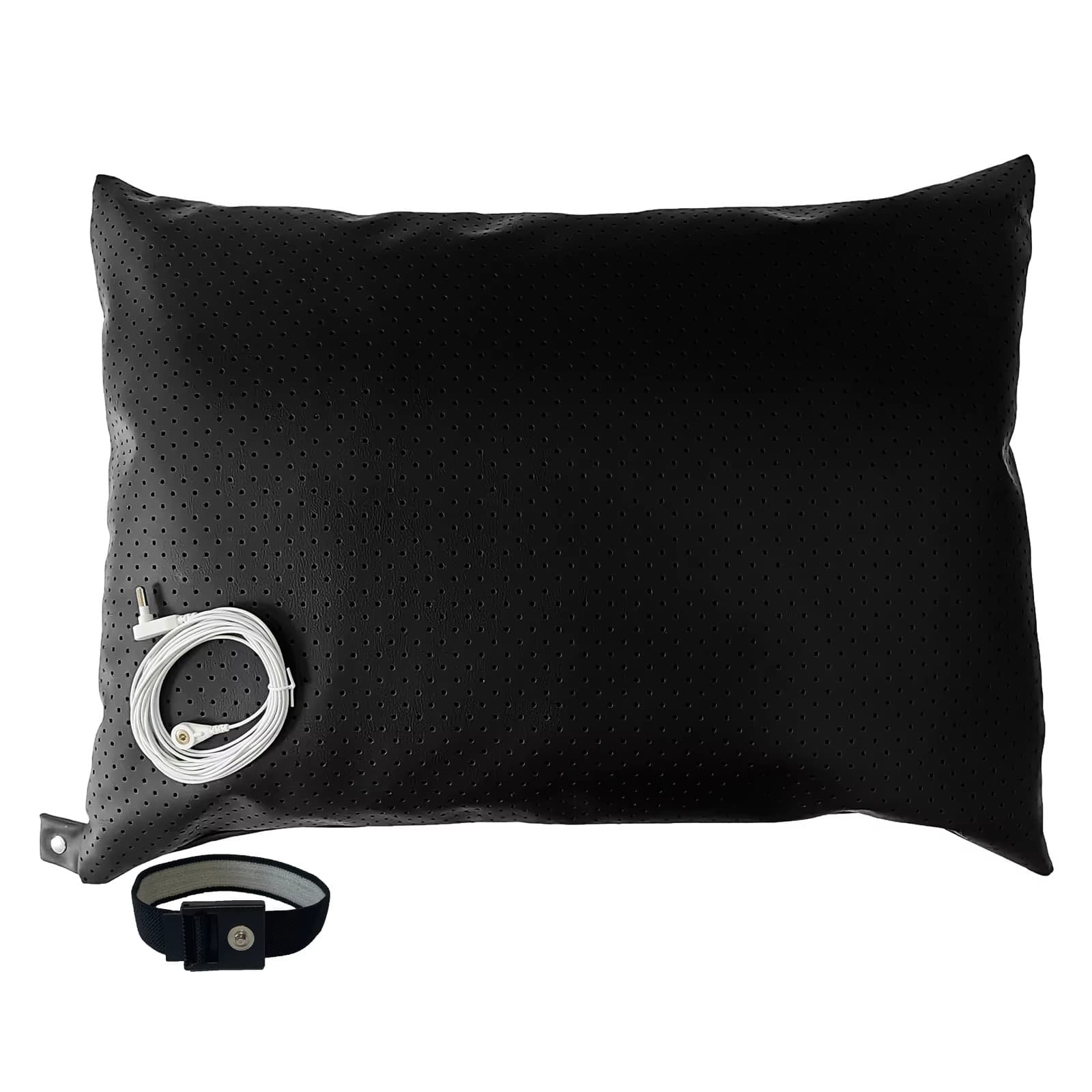 Black grounding pillow cover with attached white grounding cord and included grounding bracelet
