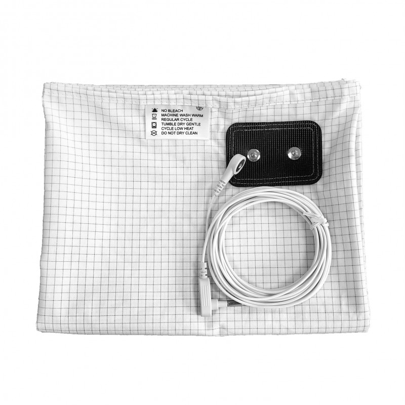 Folded grey grounding bedsheet with attached connection panel and coiled earthing cord