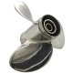 Angled side view of a stainless steel boat propeller highlighting blade thickness and hub design.