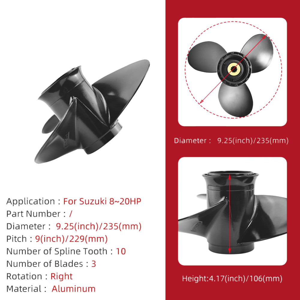 9 1/4 x 9 Outboard Propeller for Suzuki 8-20HP - 3-Blade Aluminum Alloy, 10 Spline