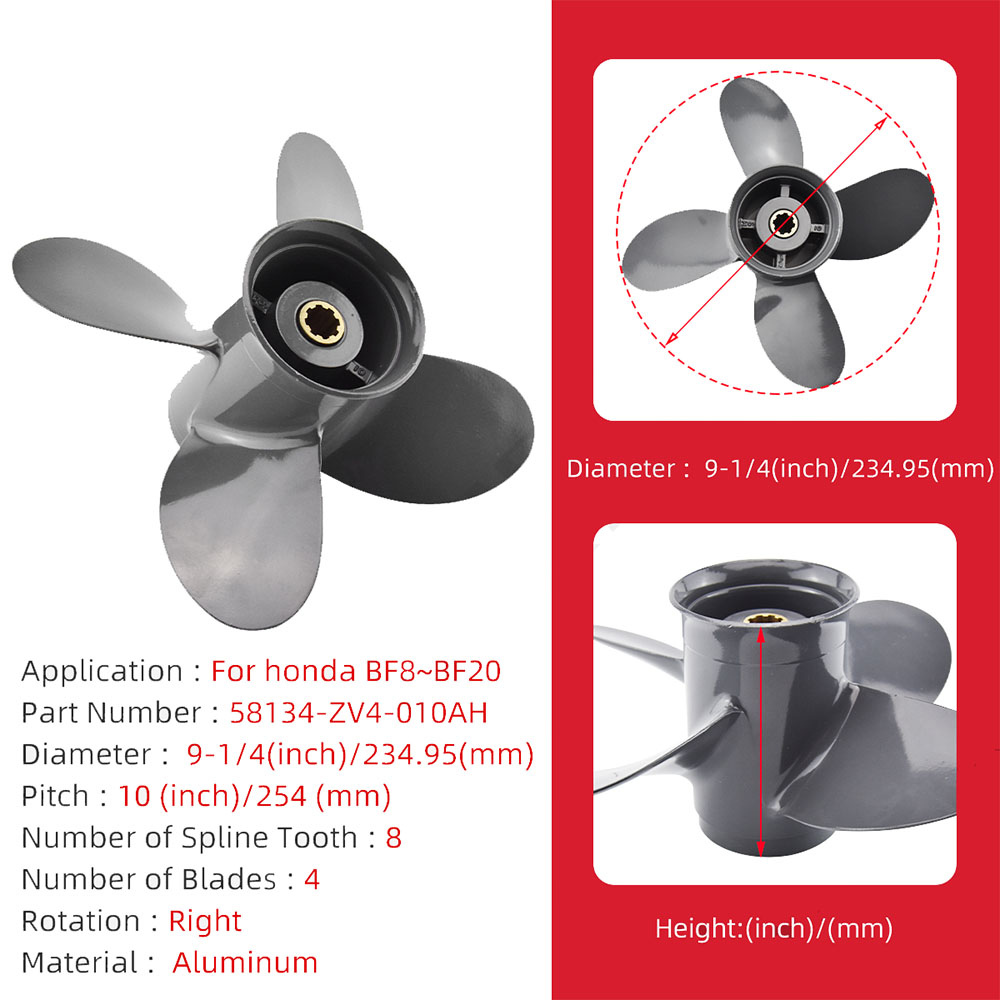 Outboard Propeller for Honda & Yamaha 8-20HP Engines - 9 1/4 x 10, 4-Blade Aluminum with 8 Spline