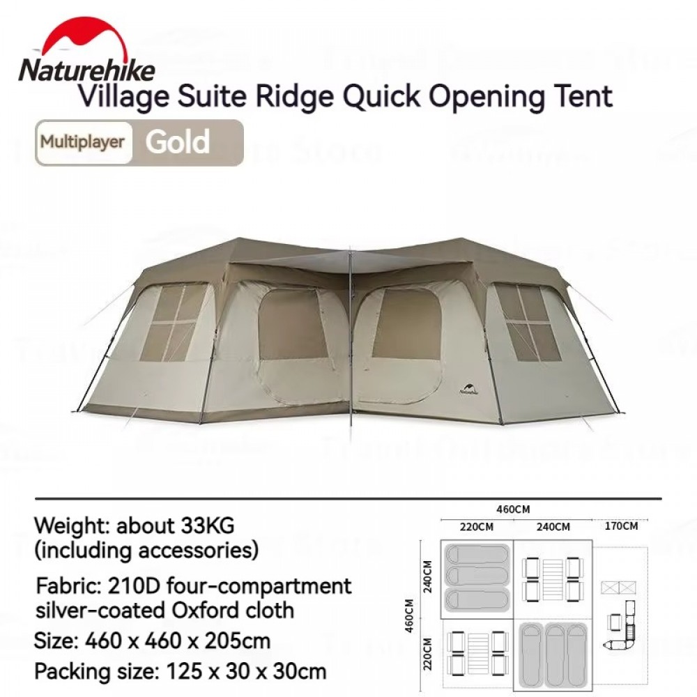 Size chart and specifications of Naturehike VillageSuite tent for 10–12 people with silver-coated Oxford cloth