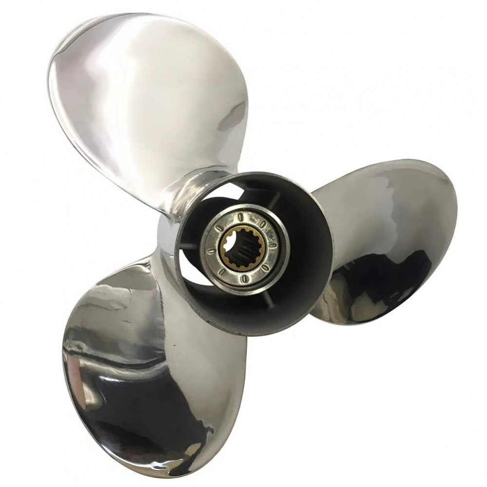 Front-facing image of stainless steel propeller showing detailed spline hub fitting for Suzuki outboard engines