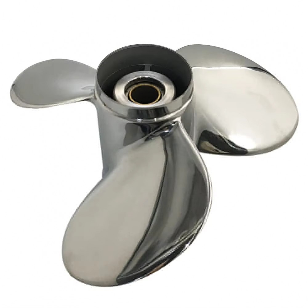 Side-angle view of a three-blade stainless steel propeller showcasing aerodynamic blade design for marine use  Would you like this as HTML with copy buttons next to each item for website usage?
