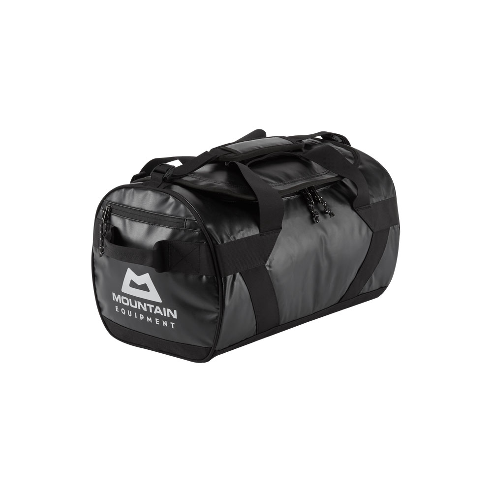 Durable black Mountain Equipment 40-liter duffel bag with side handles, front zip pocket, and brand logo.