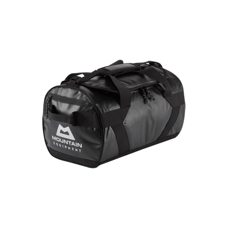 Durable black Mountain Equipment 40-liter duffel bag with side handles, front zip pocket, and brand logo.