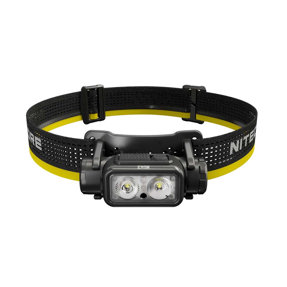 Front view of Nitecore NU43 headlamp with dual LED lights and adjustable headband.