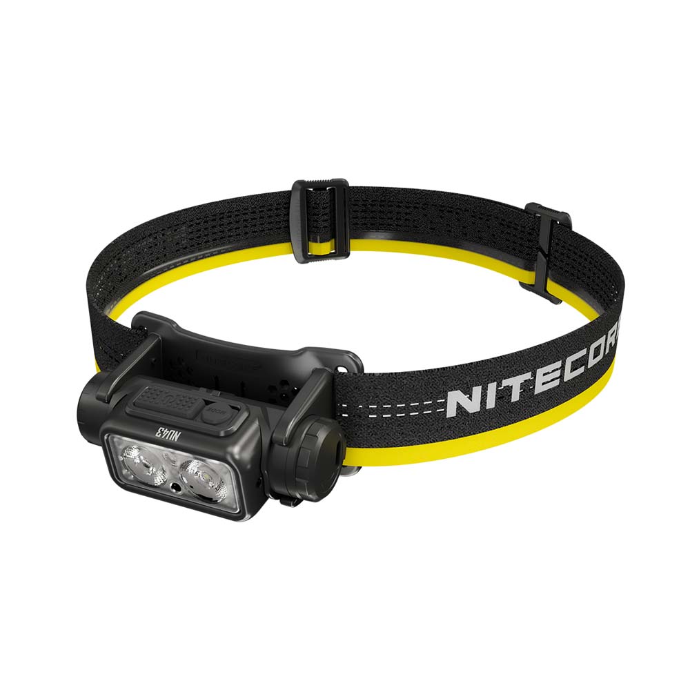 Nitecore NU43 Front View Front view of Nitecore NU43 headlamp with dual LED lights and adjustable headband.