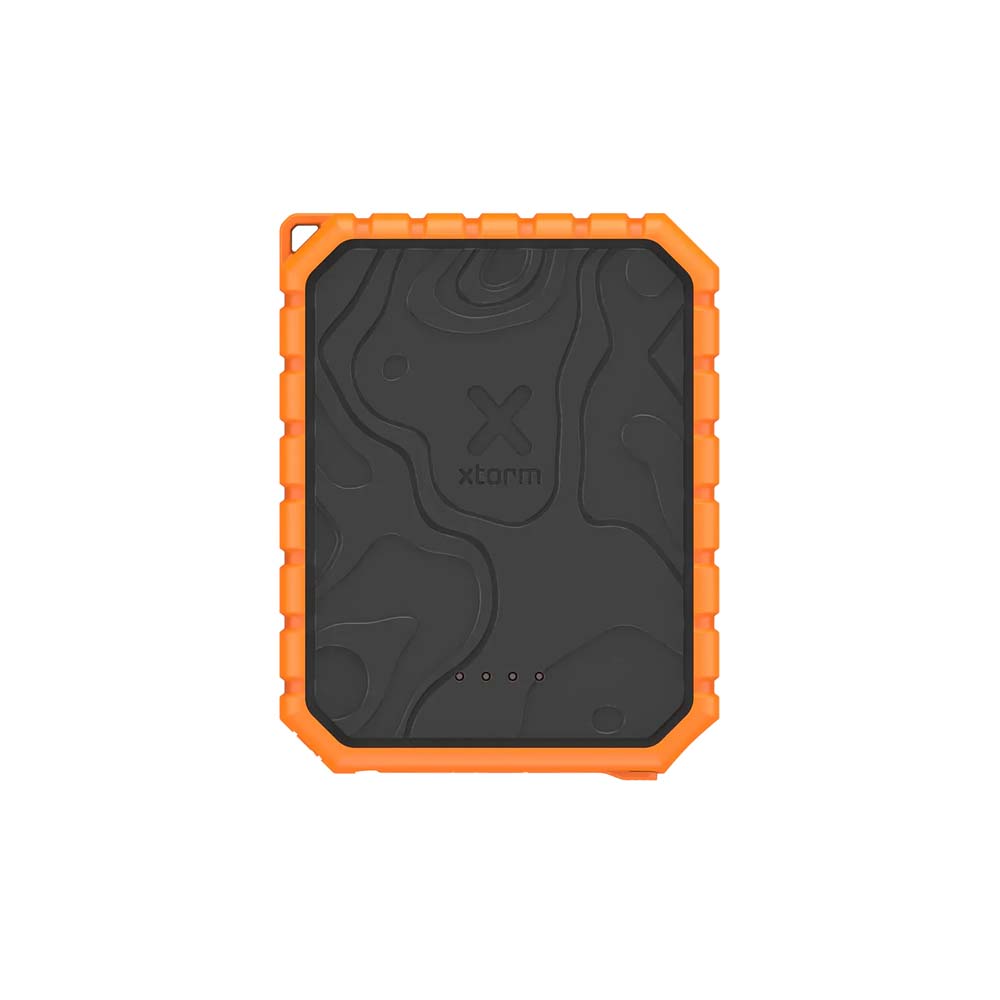 Xtorm Xtreme Power Bank - Top View Top-down view of the Xtorm Xtreme Rugged Power Bank highlighting rugged casing and logo.