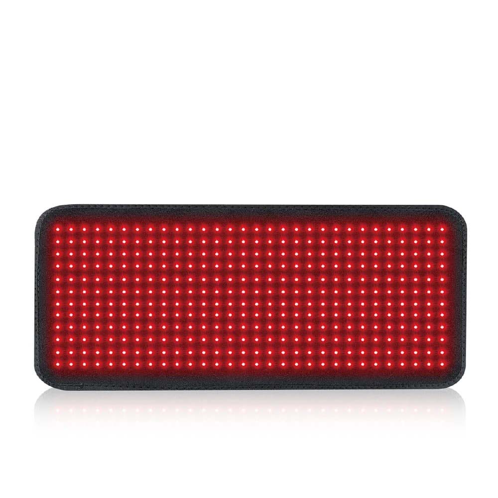 Illuminated red light therapy pad showing active 360 LED lights for full-body treatment