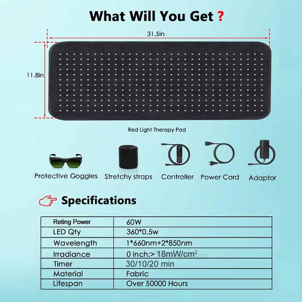 Complete red light therapy pad kit with accessories, dimensions, and technical specifications