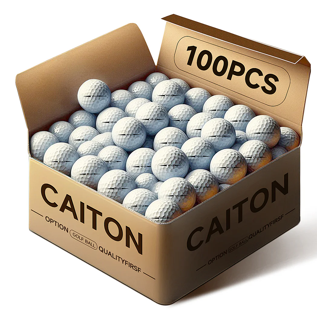 Box of 100 Caiton white 2-layer golf balls designed for practice and recreational golf.