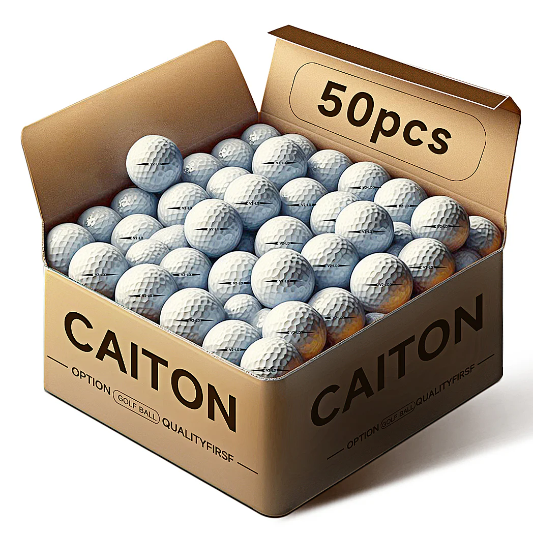 Box of 50 Caiton white 2-layer golf balls designed for practice and recreational golf.