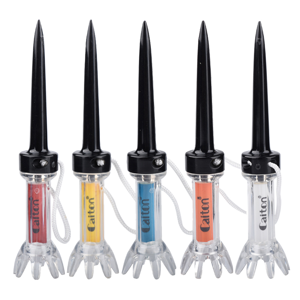 Caiton 5pcs Magnetic Plastic Golf Tee Set Caiton 5-piece magnetic plastic golf tee set with five coloured tees, clear bases and attached cords.