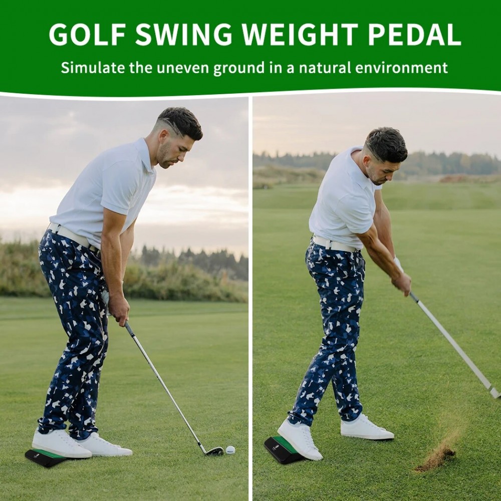 Caiton golf swing weight pedal with a green turf surface and black angled base for golf swing training.
