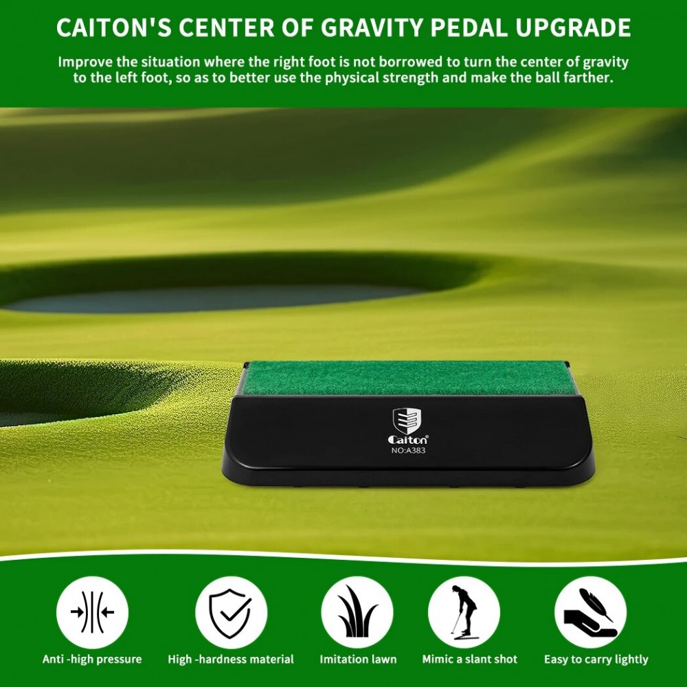 Caiton golf swing weight pedal with a green turf surface and black angled base for golf swing training.