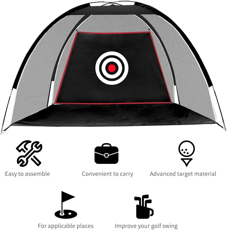 Foldable 2m golf training net with central target for practising driving, chipping and swing accuracy at home or outdoors.