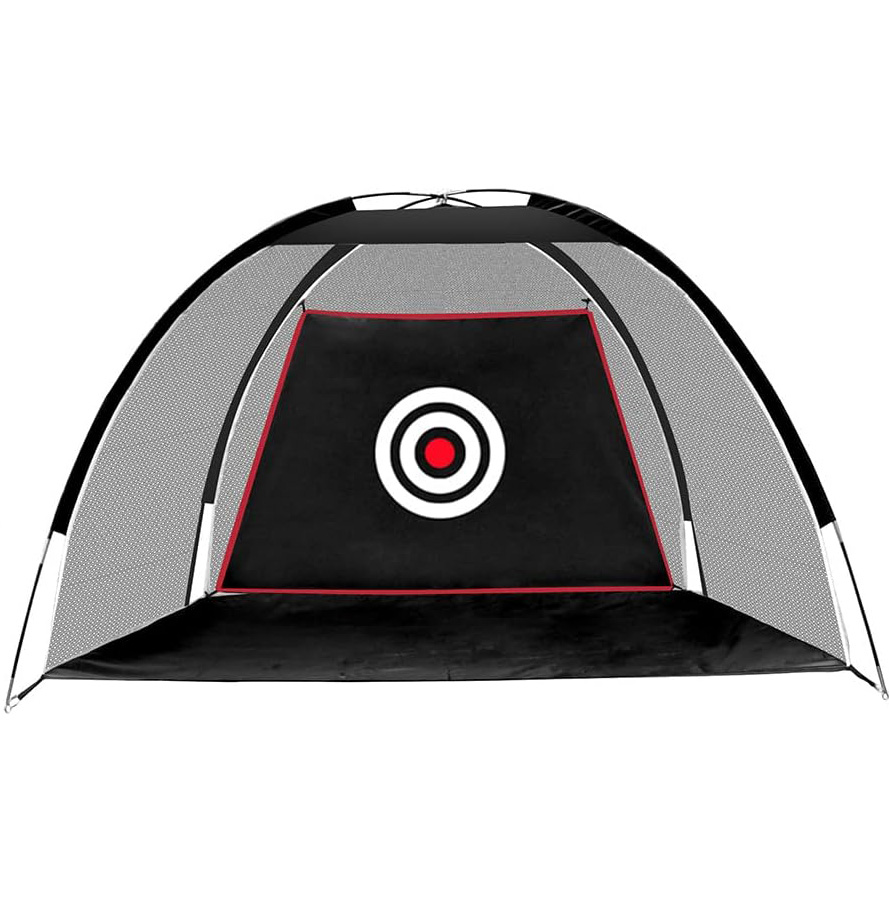 Foldable 2m golf training net with central target for practising driving, chipping and swing accuracy at home or outdoors.