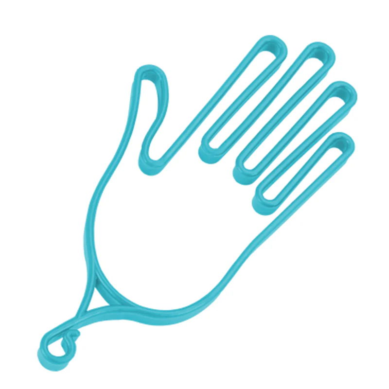 Colourful plastic golf glove stretchers with hanging hooks designed to help gloves retain their shape while drying