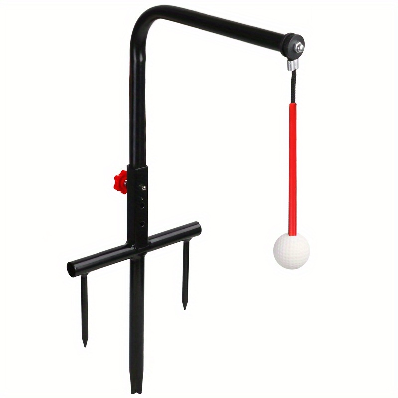 Golf swing trainer with adjustable metal frame, ground spikes and hanging practice ball for improving swing technique and ball striking.