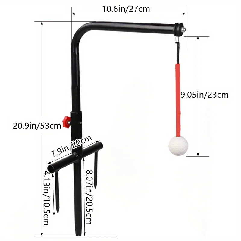 Golf swing trainer with adjustable metal frame, ground spikes and hanging practice ball for improving swing technique and ball striking.
