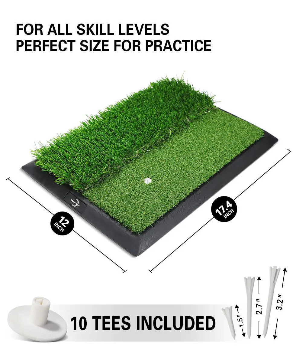 PGM two-colour golf hitting mat with dual artificial grass surfaces, golf ball, tee and practice tees for swing training.